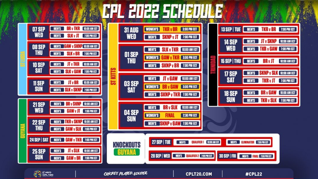 CPL 2022 Full Schedule released, CPL starts Aug 31st, Women CPL on 1st