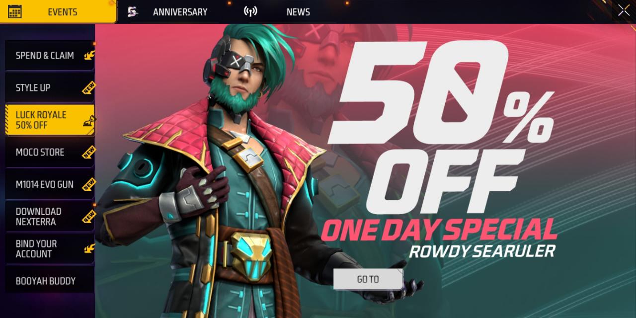 Diamond Royale is now having a 50% off - Garena Free Fire