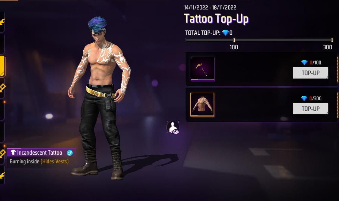 Free Fire MAX Tattoo TopUp Get free Incandescent Tattoo and Scythe skin