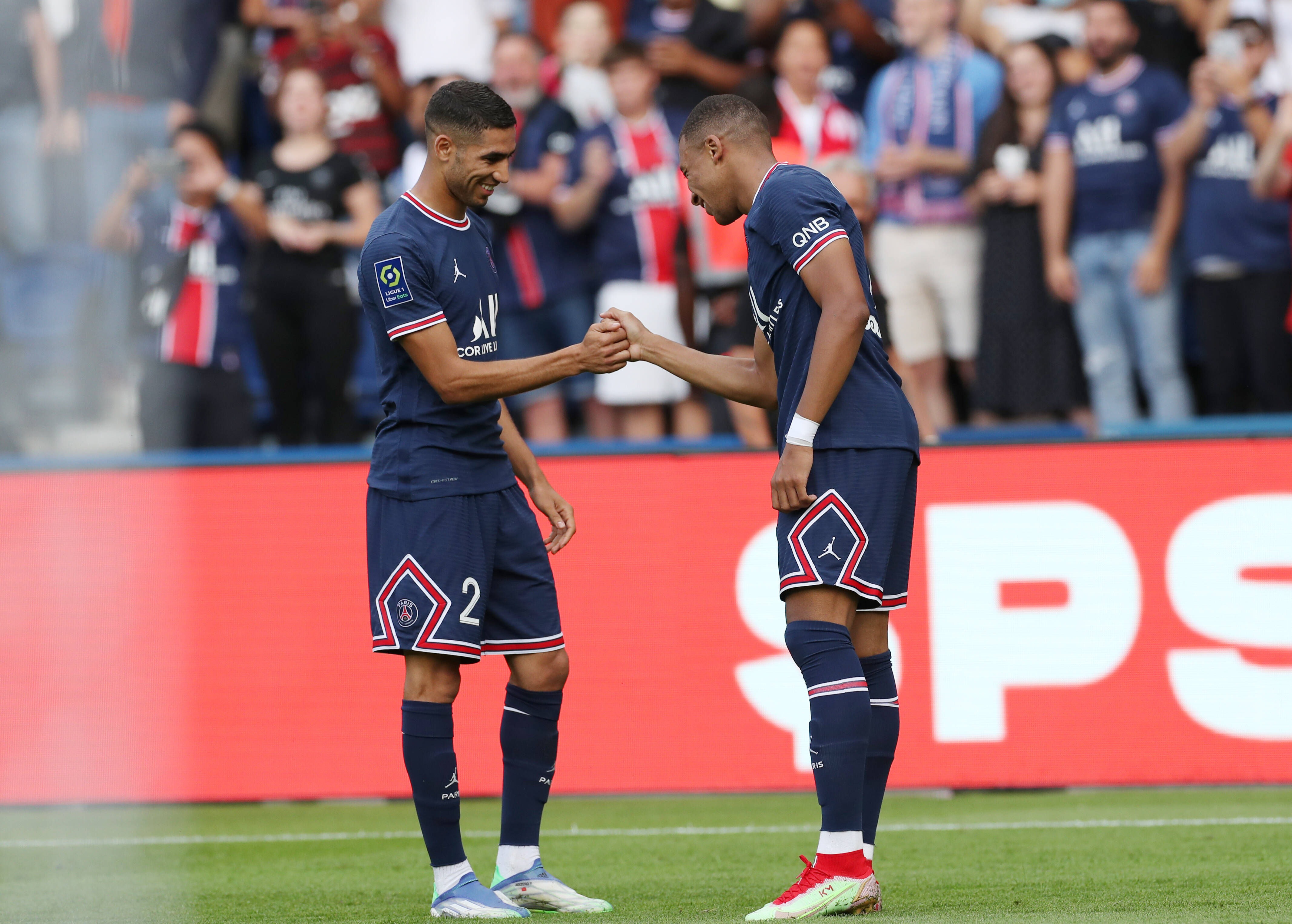 Kylian Mbappe of France with the shirt of Achraf Hakimi of Morocco